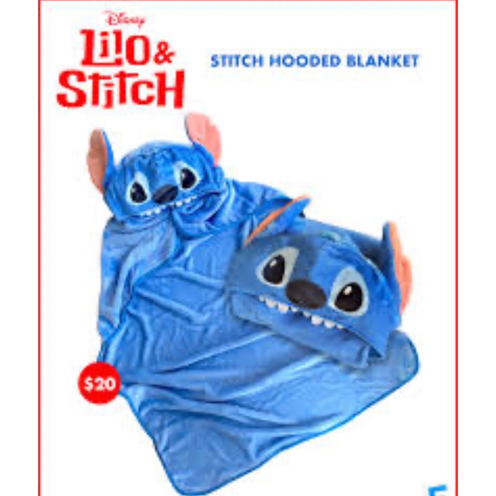 Disney Stitch Hooded Blanket Unisex OS Blue Plush Fleece Wearable 2025 Preloved